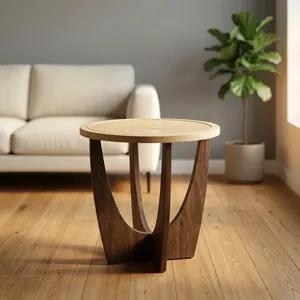 Modern <b>Round</b> Wooden <b>Side</b> <b>Table</b> With Cane Top Sculptural Base Handmade Accent End <b>Table</b> for Living Room Bedroom Decor - Product Image 3