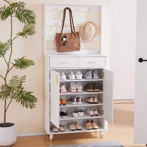 White Entryway Bedroom Armoire with Hanging Rod Shoe Cabinet and Wardrobe Closet Drawers Shelves Handles Clothes Organiser - Product Image 5