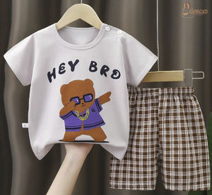 Conjunto de Dos Piezas para Bebés y Niños, Camiseta de Verano de Manga Corta de Algodón con Cuello Redondo, Diseño Liso, Estilo Casual - Product Image 2