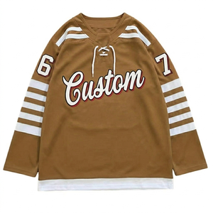 Jersey de Hockey sobre Hielo Personalizado para Hombre, Color Blanco y Marrón, con Cordones, Manga Larga, Transpirable, con Malla Impresa, Uniforme de Hockey para Exteriores - Product Image 1