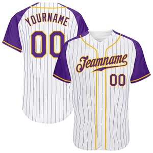 Wholesale Best Selling OMMIZ INDUSTRY Custom White Purple Pinstripe Purple-Gold Authentic <b>Raglan</b> Sleeves Baseball Jersey - Product Image 1