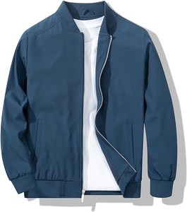 Birlag Sports <b>Men's</b> Green <b>Canvas</b> Bomber <b>Jacket</b> Stand Collar Zipper Front Windproof Casual Autumn 100% Cotton Solid Color Regular - Product Image 2