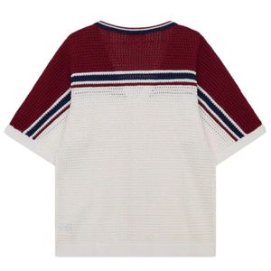 Men Color Block Crochet Knitted Stripe T-Shirt Short Sleeve Button <b>Down</b> Summer Casual Knitwear OEM Wholesale Supply - Product Image 2