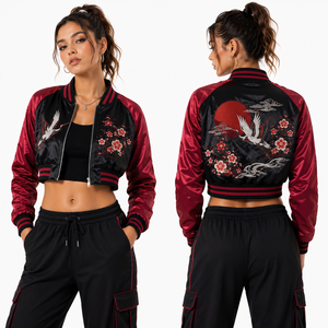 Chaqueta Corta de Satén al por Mayor para Mujer con Bordado de Montaña y Cierre de Cremallera, Etiqueta Privada, OEM, Logotipo Personalizado, Suministro por Pedido - Product Image 2