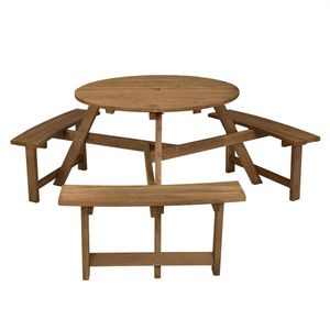 Tavolo da Picnic Rotondo in Legno per 6 Persone con Foro per Ombrellone e 3 Panche Integrate - Product Image 3