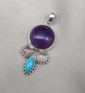 จี้อเมทิสต์ โรสควอตซ์ เทอร์ควอยซ์ เงินแท้ 925 ประดับพลอยสีม่วงและชมพูธรรมชาติ เครื่องประดับหรูหราสำหรับผู้หญิง - Product Image 3