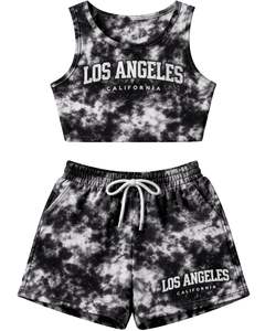 Ensemble deux pièces décontracté pour femme : débardeur court tie-dye noir et blanc et short, sans manches, col rond, tenue d'été personnalisée - Product Image 1