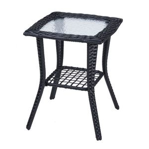 Black Outdoor Wicker Side Table with Glass Top Rattan End Table for Patio Coffee Bistro Table for Indoor Garden Porch Balcony - Product Image 3