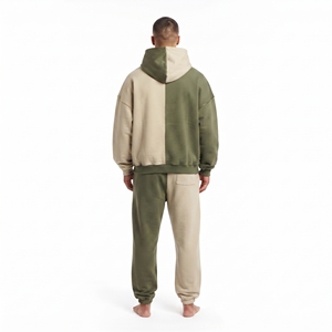 Ensemble sweat à capuche et jogging bicolore pour homme, olive beige, coupe ample, manches longues, survêtement décontracté, logo sur le devant et poches latérales - Product Image 2