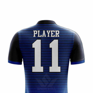 Maillot de football personnalisé pour homme, bleu et noir rayé, sublimé, manches courtes, respirant, polyester, numéro de joueur 11, équipe de football - Product Image 1