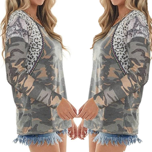 Women's Camouflage <b>Patchwork</b> V-Neck Long Sleeve T-Shirt Loose Fit Casual <b>Top</b> Spring Summer Wear - Product Image 6