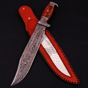 Cuchillo de caza Bowie de acero de Damasco de 16 pulgadas hecho a mano con mango de madera y clip de Damasco, cuchillo de supervivencia de hoja fija afilada y duradera. - Product Image 5
