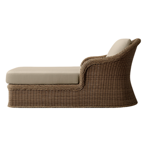 Chaise longue d'extérieur en teck élégante avec détails tressés à la main, accoudoirs, forme organique, style resort tropical, meubles de villa rembourrés - Product Image 6