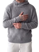 Sweat à capuche gris en mohair duveteux pour homme, tricot brossé doux, coupe oversize, pull chaud décontracté, streetwear uni