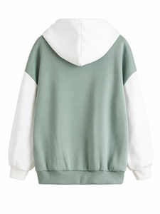 Unisex <b>Green</b> White Hooded Sweatshirt Regular Fit Casual Cotton Knitted Oversized Pocket Autumn Wear - Product Image 2