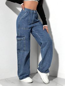 Jeans Cargo para Mujer, Pierna Ancha, Cintura Alta, Pantalones Vaqueros Holgados, Corte Recto Informal con Diseño de Bolsillos - Product Image 2