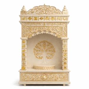 Templo Rectangular Tradicional Tallado en Mármol Blanco y Dorado de 4.5 pies, Mandir Pooja Tallado a Mano, Lujoso para el Hogar - Product Image 1