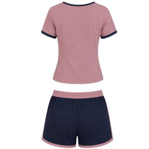 Pink And Navy Women Two Piece Shorts Set Square Neck Button <b>Top</b> Contrast Trim Embroidery Casual Summer Cotton Lounge Wear Outfit - Product Image 2