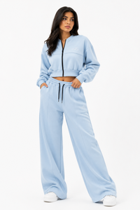 Custom Ladies' Maroon Two Piece Tracksuit Featuring Stand Collar Panel Cropped <b>Zip</b> Jacket Elastic Waist Flowing Palazzo <b>Trousers</b> - Product Image 4