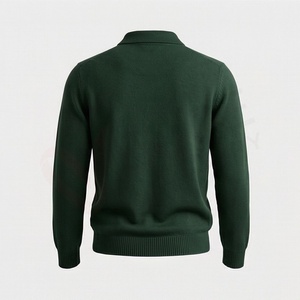 Polo en tricot à manches longues vert foncé pour homme avec fermeture éclair, design uni décontracté, coupe classique - Product Image 2