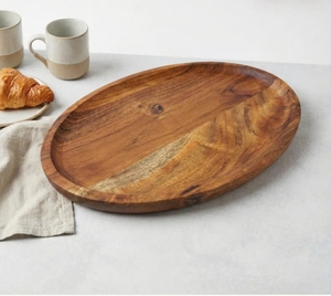 Plateau de service ovale moderne en bois Moradabad Art Metal Ware, motif nature de la nature, poignée en corde, grain naturel, fait main pour la salle à manger - Product Image 3