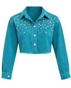 Chaqueta vaquera corta para mujer, color verde azulado, personalizada, con botones en los hombros adornados con pedrería, manga larga, estilo casual urbano. - Product Image 1