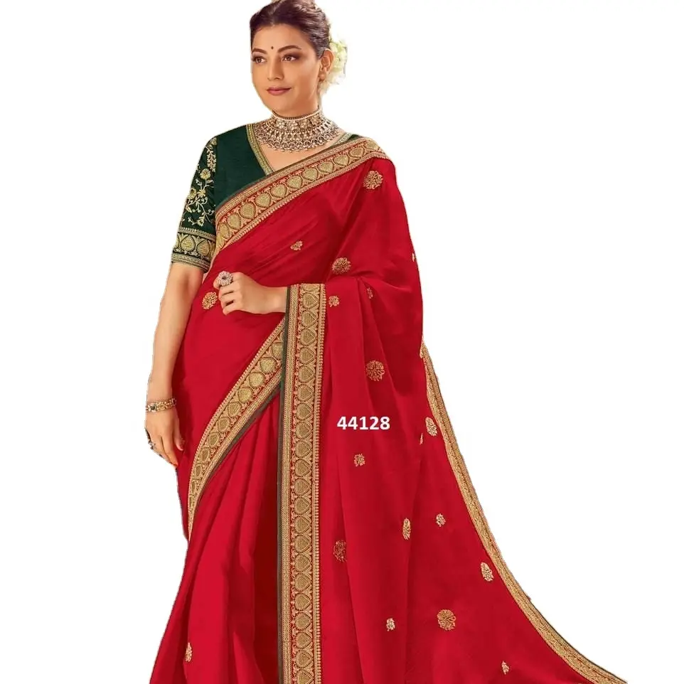 New Trends Vichitra Silk Sexy Red Saree With Green Blouse Fully Embroidery Bridal Sari Design For Wedding wear 2023 for bridal