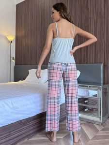 Women's Pink Plaid Pajama Set Spaghetti Strap Top Full Length Elastic Waist <b>Pants</b> Spring Autumn Sleepwear - Product Image 4