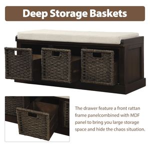 Panca Rustica con 3 Cesti per Ingresso, con Cuscino Rimovibile, in Rattan Classico, Arredamento Classico per Soggiorno - Product Image 4