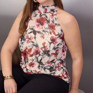 Haut sans manches en mousseline florale pour femme, col montant, dos noué, couleur crème, fabricant de vêtements - Product Image 1