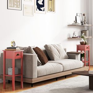 Set di 2 tavolini rossi a 2 livelli con cassetto e ripiano, tavolini da tè quadrati in legno per soggiorno e corridoio - Product Image 2