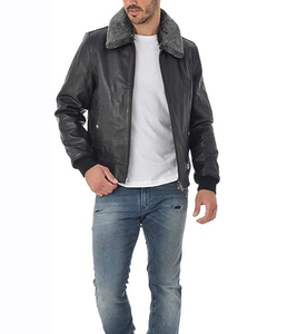 Trendy Men's Genuine Leather Jacket With Faux Fur Collar Zipper Closure Winter Moto Style Black Regular Fit Breathable - Product Image 2
