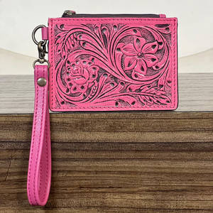 Trending Pink Tooled Floral Leather Slim Card <b>Holder</b> Wallet High Quality Genuine Leather Zipper Closure Wristlet Coin Pouch - Product Image 3