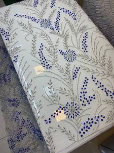 Luxury Eco-Friendly Blue Rhinestones Embroidered Tulle Lace Fabric Floral Handmade Dress <b>Material</b> A.K.TRENDY COLLECTION - Product Image 3