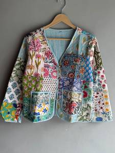 Veste en coton matelassée à imprimé floral, col en V, manches trois quarts, fermeture à un bouton, style printemps pour femme, CADEAU POUR ELLE - Product Image 1