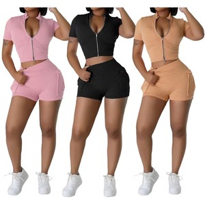 Plus Size Women's Knitted Crop <b>Top</b> Set Short Sleeve V-Neck Solid Color Shorts Outfit Summer Casual Wear - Product Image 1