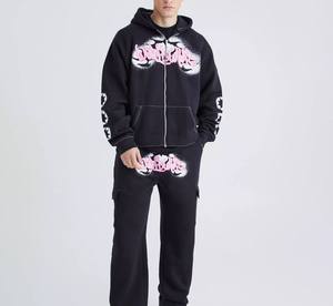 Ensemble de survêtement pour homme, sweat-shirt à capuche zippé noir, 100% coton, vêtements décontractés d'automne, design 2 en 1, polaire, logo rose imprimé, poches latérales - Product Image 6