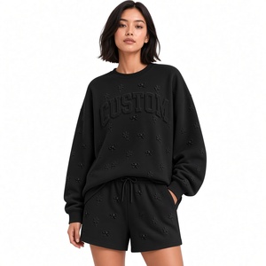 Ensemble de survêtement noir surdimensionné pour femme avec col rond et imprimé frontal, coupe ample, deux pièces, tenue décontractée pour toutes les saisons - Product Image 1