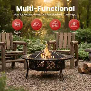 Brasero d'extérieur rond en acier avec grille de cuisson BBQ, écran anti-étincelles et pioche à feu FP003 - Product Image 5