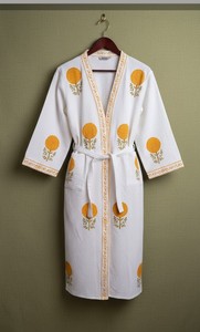 Peignoir long en coton gaufré blanc, imprimé à la main, style kimono, pour spa, maison, hôtel, plage, pour femmes et hommes, vente en gros, personnalisable pour femmes - Product Image 2