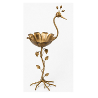 Sculpture d'oiseau en métal avec bol à fleurs et accents de feuilles, finition polie, ornement de jardin extérieur autoportant, style Art Déco