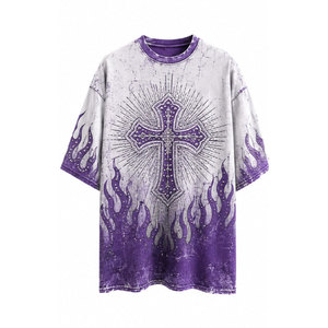 Men's Oversized Purple Cross <b>Flame</b> Print T-<b>Shirt</b> Short Sleeve O-Neck Gothic Style Woven Fabric Rhinestone T-<b>Shirts</b> - Product Image 2