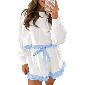 Sudadera Blanca Oversize de Punto Estampada para Mujer con Dobladillo con Volantes Azules, Cuello Redondo, Manga Larga, Estilo Casual Transpirable para Invierno - Product Image 6