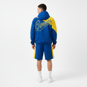 Ensemble de survêtement à capuche pour homme, bleu et jaune, avec blocs de couleur, fermeture éclair, poches latérales, respirant, en polyester, style sportif décontracté, idéal pour le printemps - Product Image 3