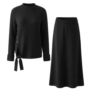 Custom OEM ODM Urban Sets Elegant Long Sleeve Tie-Side Top and Matching Midi <b>Skirt</b> Outfit - Product Image 6