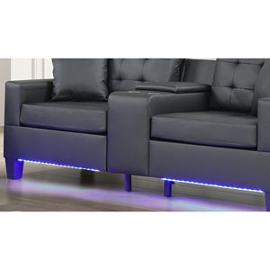 Genesis Tufted Loveseat and Sofa Set <b>Black</b> PVC Fabric with LED Lights USB Charger Storage <b>Console</b> Cupholders-for Living Room - Product Image 5