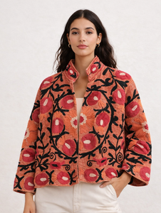 Veste bomber vintage faite à la main, style Suzani, tricotée, respirante, brodée indienne, en velours 100% coton, réversible, pour femmes - Product Image 6