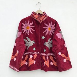 <b>Women's</b> Suzani Embroidered <b>Velvet</b> Quilted <b>Jacket</b> Mandarin Collar Full Sleeves Cotton Floral Winter Fashion Outerwear - Product Image 1