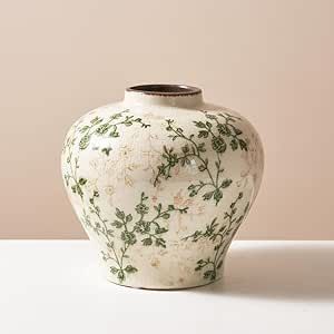 Vase de table en métal fait main avec motif floral, design traditionnel, blanc et vert, pot décoratif - Product Image 1
