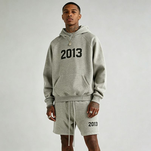 Conjunto de Sudadera con Capucha y Pantalones Cortos para Hombre 2013, Estampado de Letras, Algodón Gris, Estilo Urbano, Ajuste Holgado, Cordón Ajustable, Manga Larga, Ropa de Otoño - Product Image 5